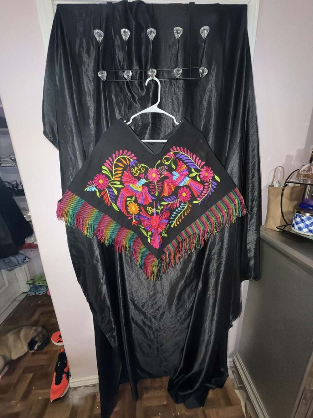 Mexican Artisan Hand Embroidered Otomi Poncho Black Multicolor Fringe